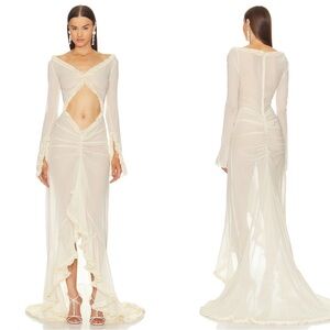 HELSA Hilma Silk Long Sleeve Ruffle Tiered Cutout Crème Beige Maxi Gown Size XS